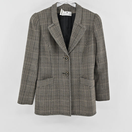 Vtg David Hayes Womens Tan Black Plaid Wool Blazer Size 8 Jacket Academia Preppy