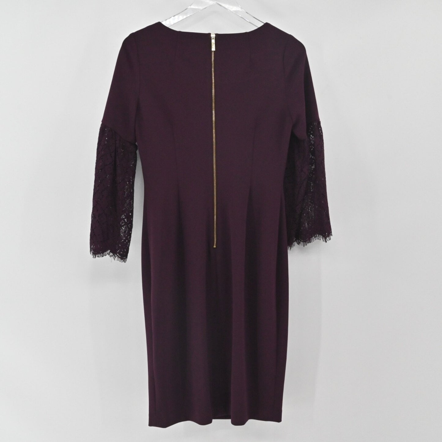 Calvin Klein Burgundy Sheath Dress Size 4 Lace Bell Sleeve Sheath Moody Romantic