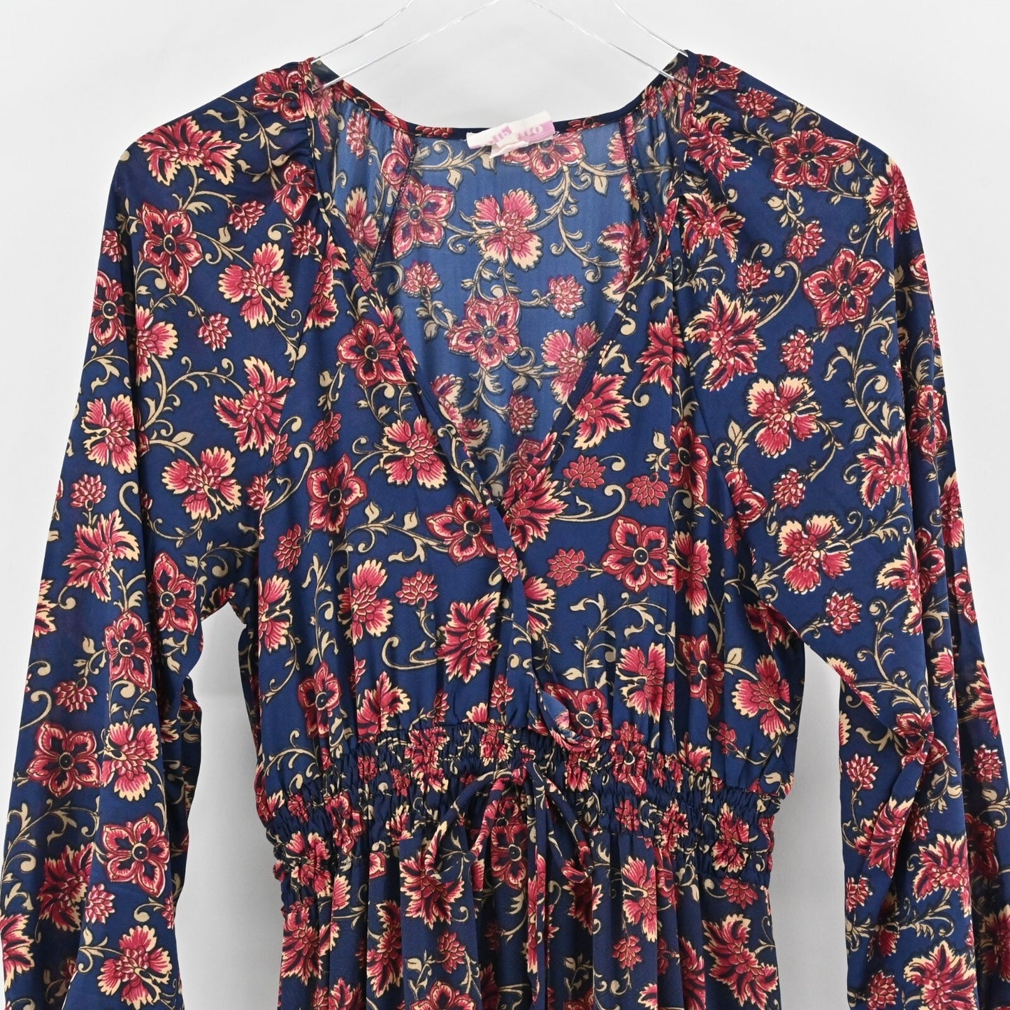 BOEMO Dress Size LP Navy Red Long Sleeve VNeck Tie Waist Floral Print Boho Maxi