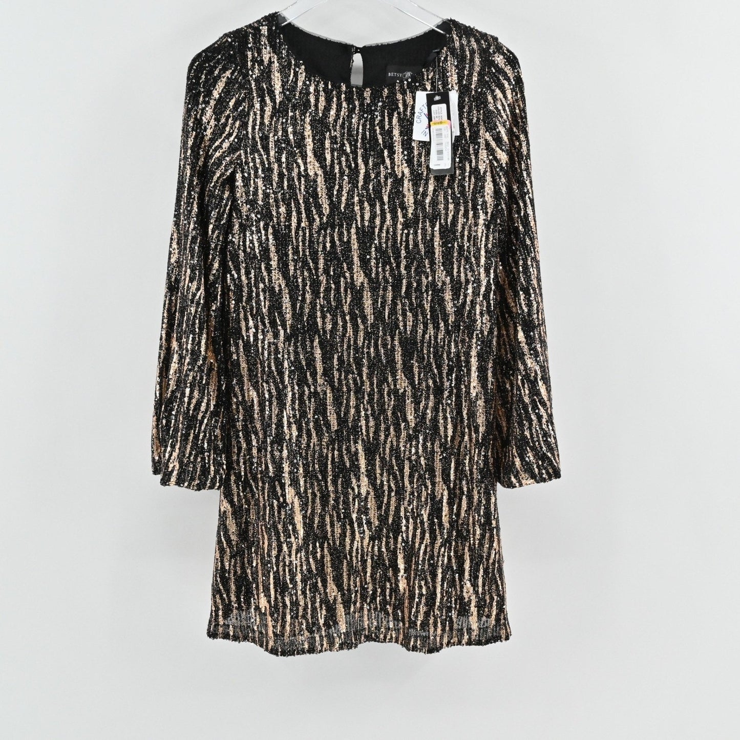 Betsy Adam Sequin Dress Size 8P Black Gold Bell Sleeve Mod Twee Retro Cocktail