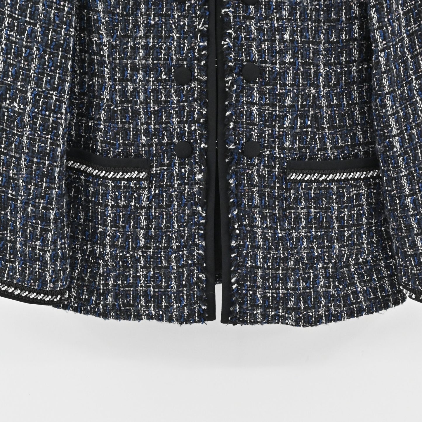 WHBM Blazer Womens Size S Tweed Navy Black Beaded Pearl Jacket Retro Glam Office