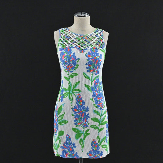 Lilly Pulitzer Ricci Shift Dress Size 0 Blue Bonnets Garden Party Lattice Neck
