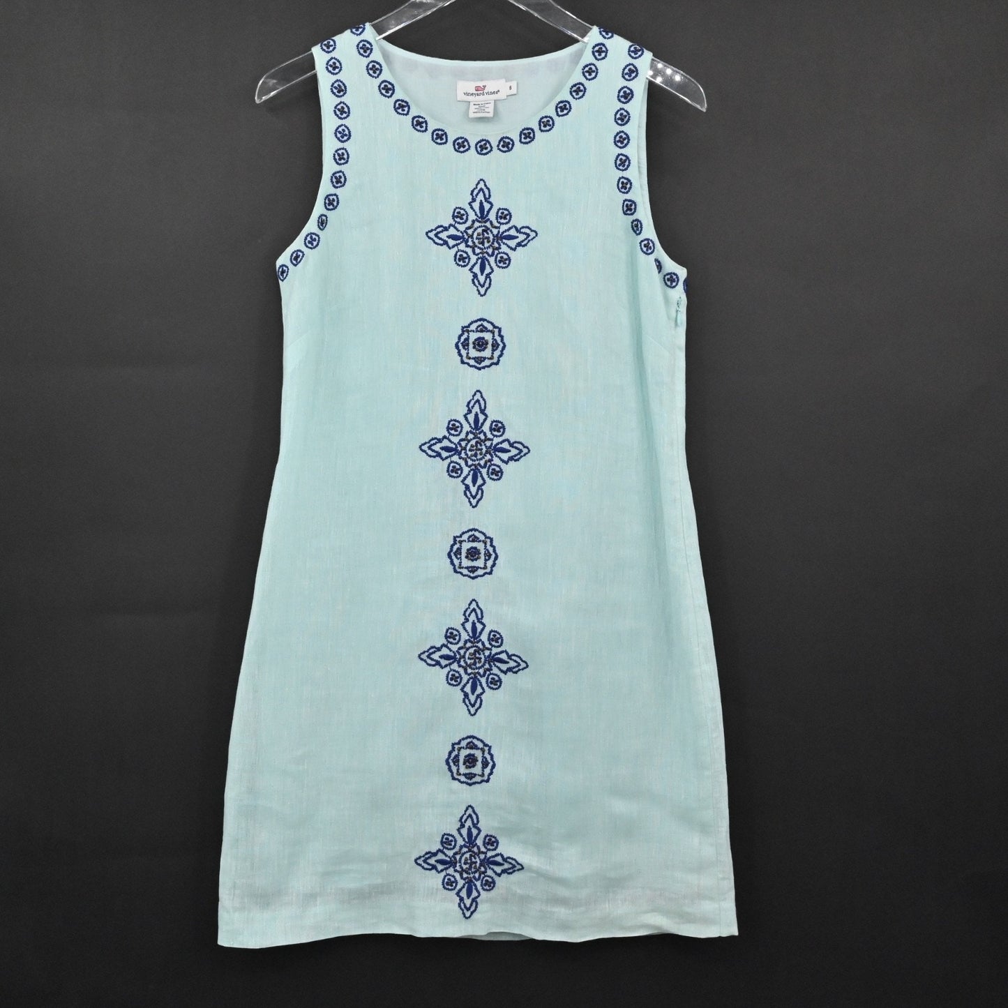 VINEYARD VINES Embroidered Beaded Shift Dress Sz 6 Blue Linen Cotton Sleeveless