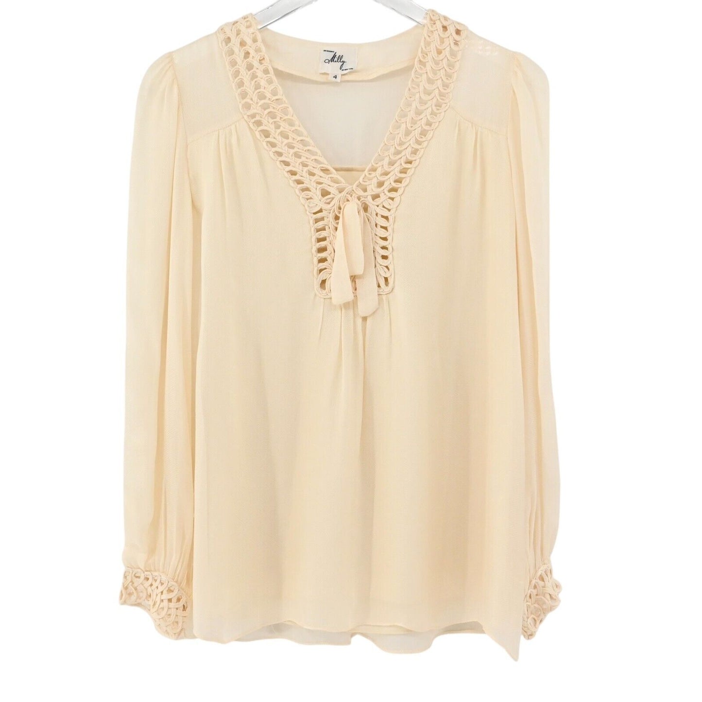Vtg MILLY Top Womens Sz 4 Cream 100% Silk Eyelet V Neck Balloon Sleeve Retro USA