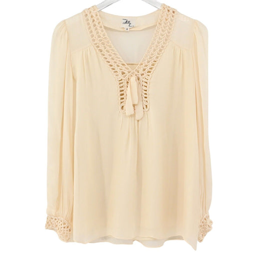 Vtg MILLY Top Womens Sz 4 Cream 100% Silk Eyelet V Neck Balloon Sleeve Retro USA