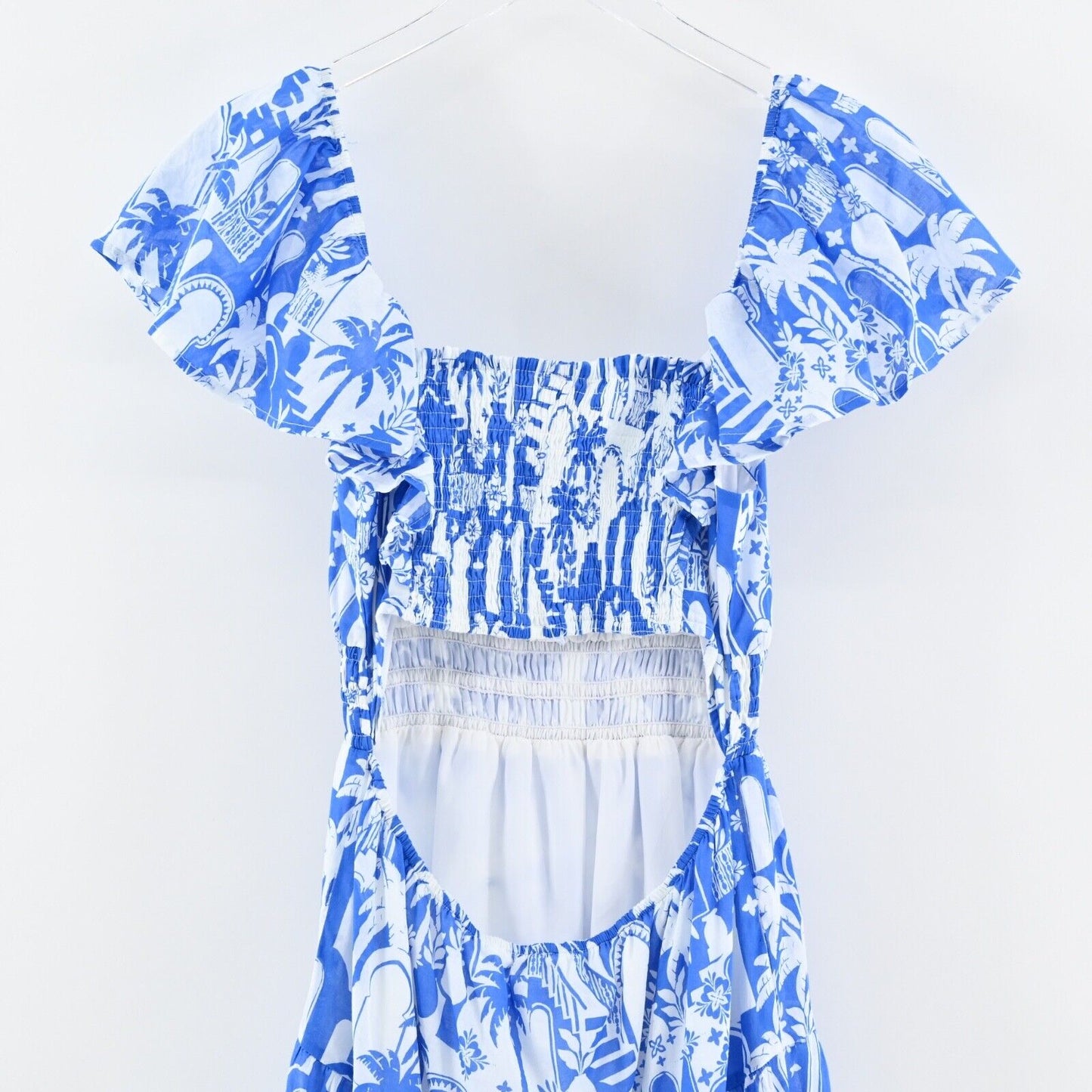 SUGARLIPS Dress Sz S Nala Maxi Blue Tropical Print Cotton Ruffle Flutter Sleeve