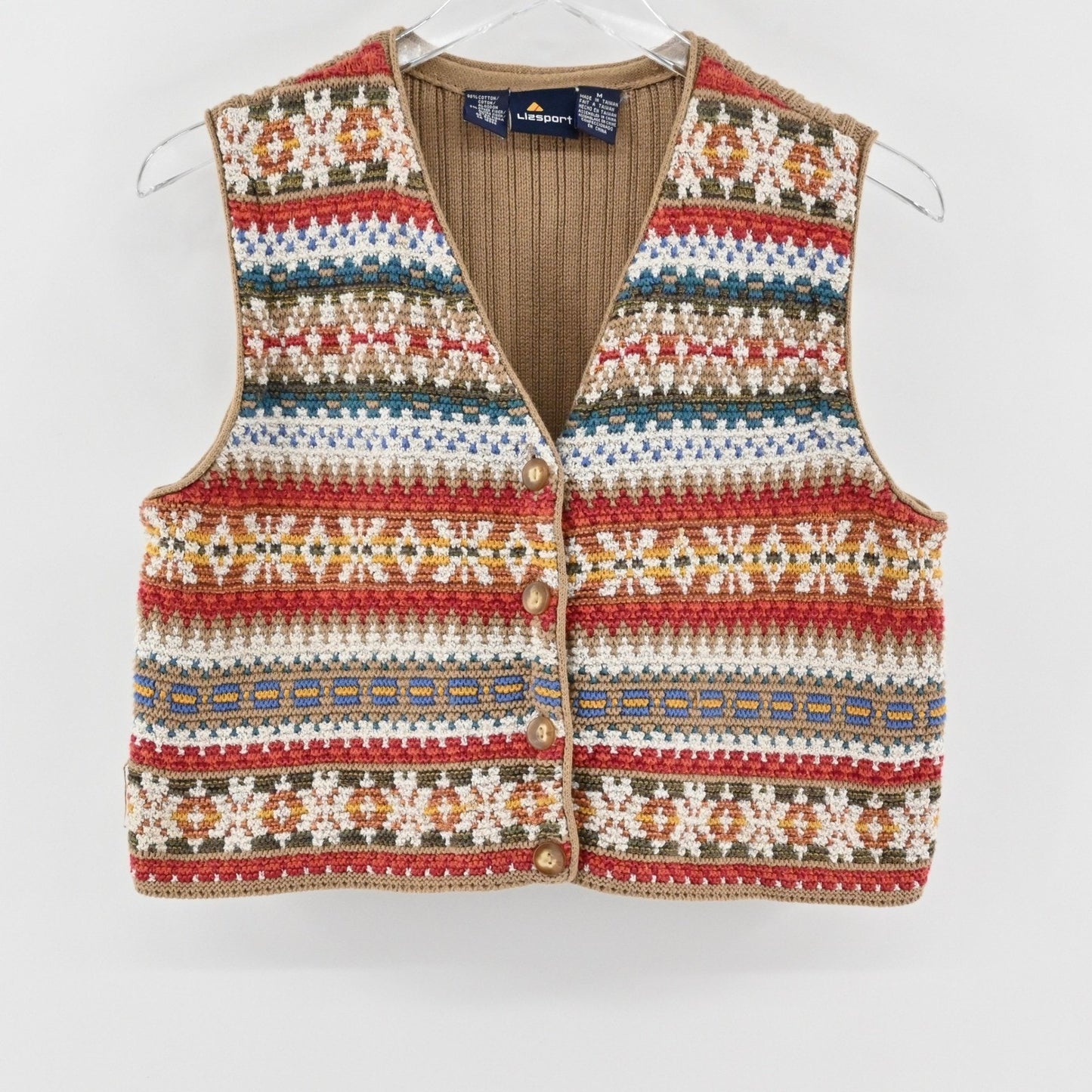 Vtg Y2k Lizsport Sweater Vest Size M Fair Isle Sleeveless Knit Top Multicolor