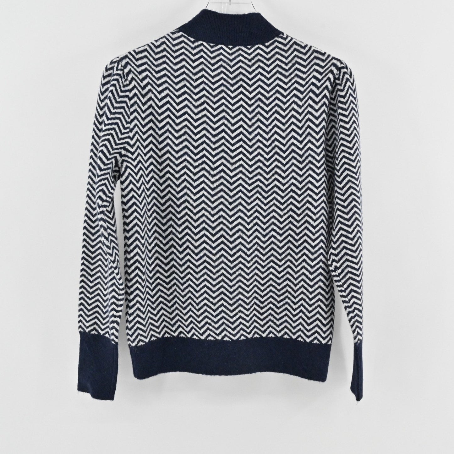 J Crew Womens Chevron Alpaca Sweater Size S Preppy Navy White Mock Neck Button