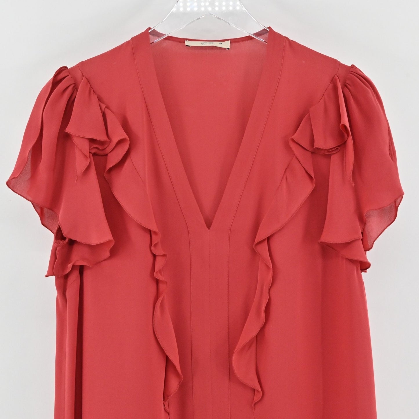 ETRO Womens Red Chiffon Ruffle VNeck Top Size 46 Casual Preppy Blouse Italy