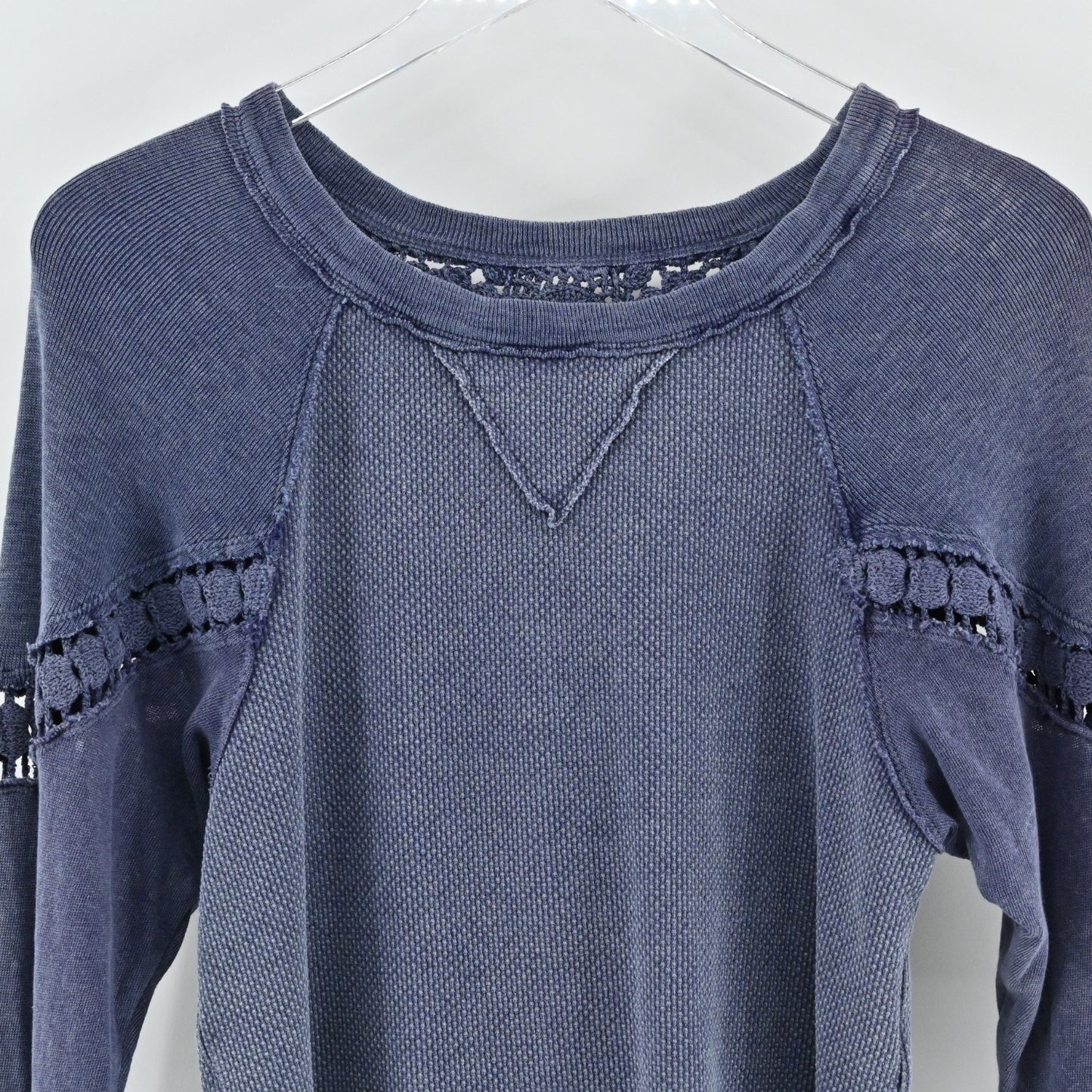 Free People Luella Tee Shirt Thermal Top Size XS Crochet Inset Quarry Blue Boho