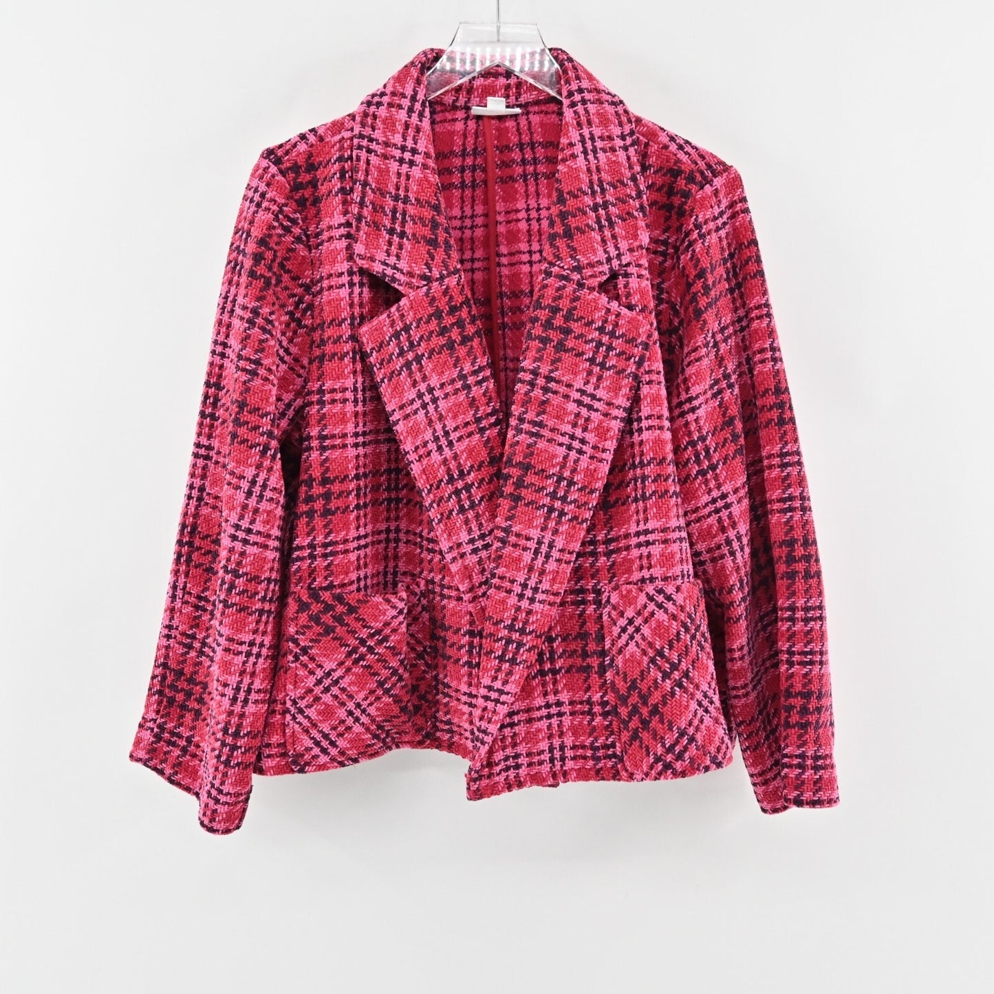 J JILL Blazer Jacket Womens Size L Chenille A Line Pink Plaid Open Front Swing