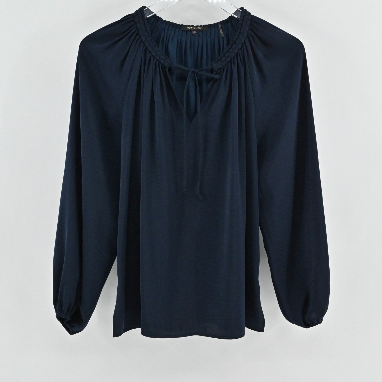 KOBI HALPERIN Womens Caprice Tie Neck Blouse Sz XS Navy Romantic Long Sleeve Top