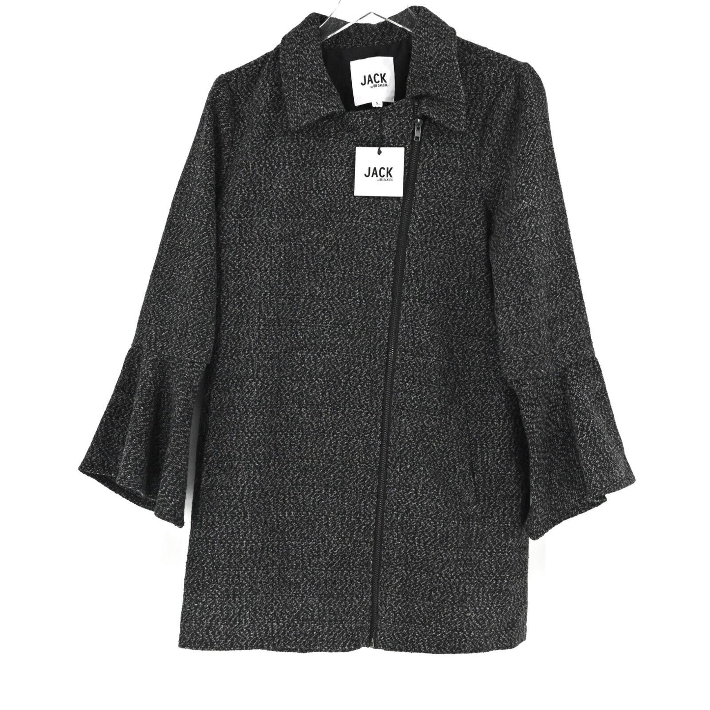 JACK BB DAKOTA Pea Coat Womens Size S Black Stay Phresh Tweed Bell Sleeve NEW