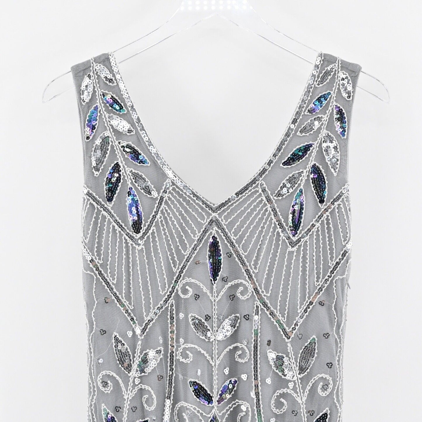 METME Dress Size S Gray Sequin Beaded V Neck Sleeveless Fringe Flapper 1920s NEW