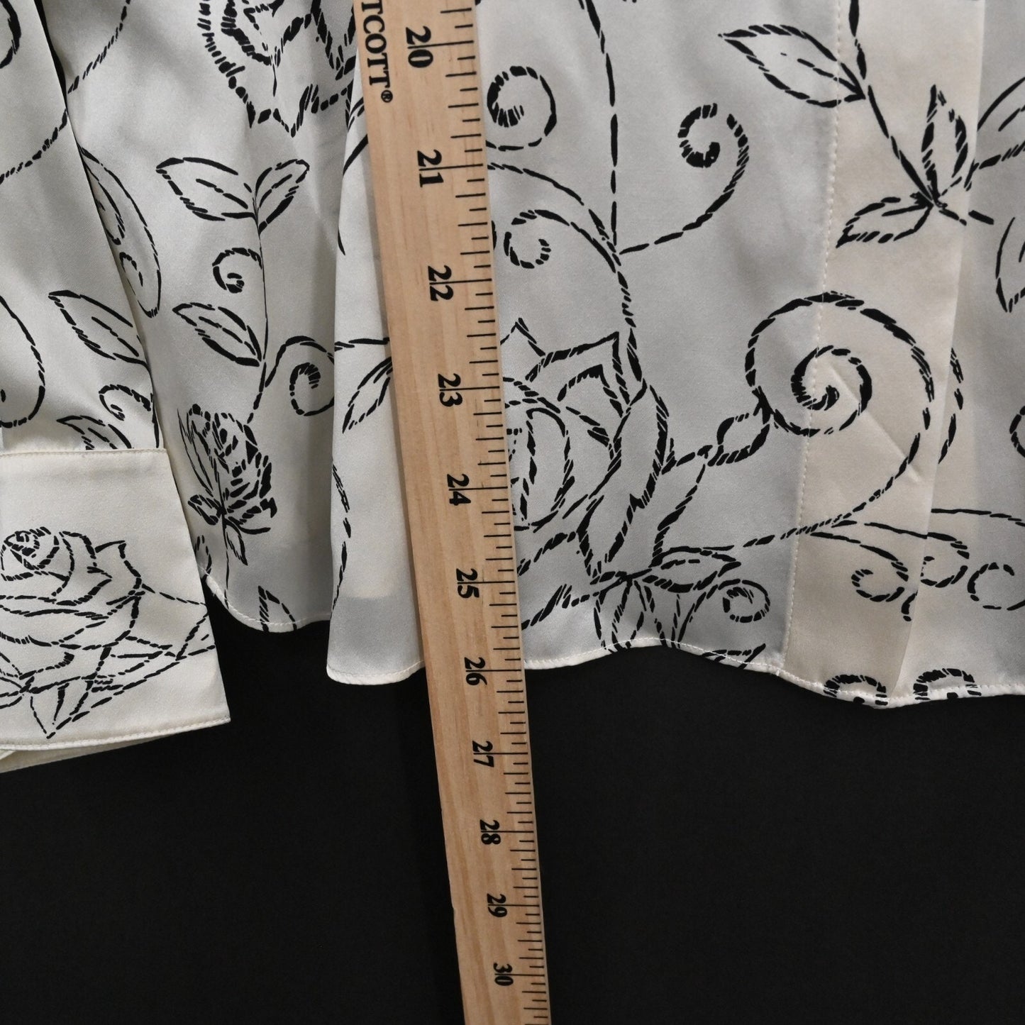 Vtg Womens Floral Silk Top Size 10 Satin Black Ivory Print Blouse STARINGTON 80s