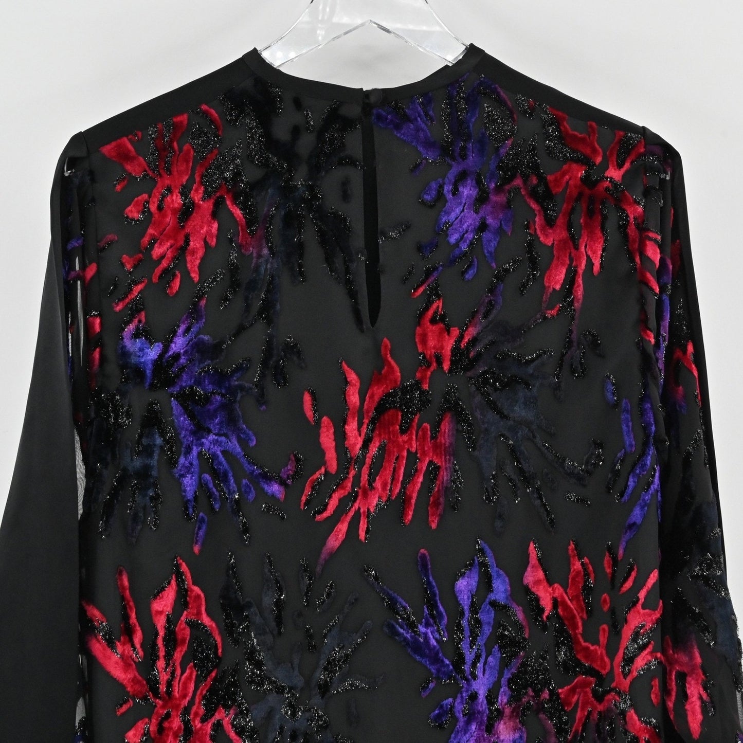 Vtg 80 Velvet Burnout Top Size 10 Dramatic Dopamine Retro Glam Red Purple Sheer