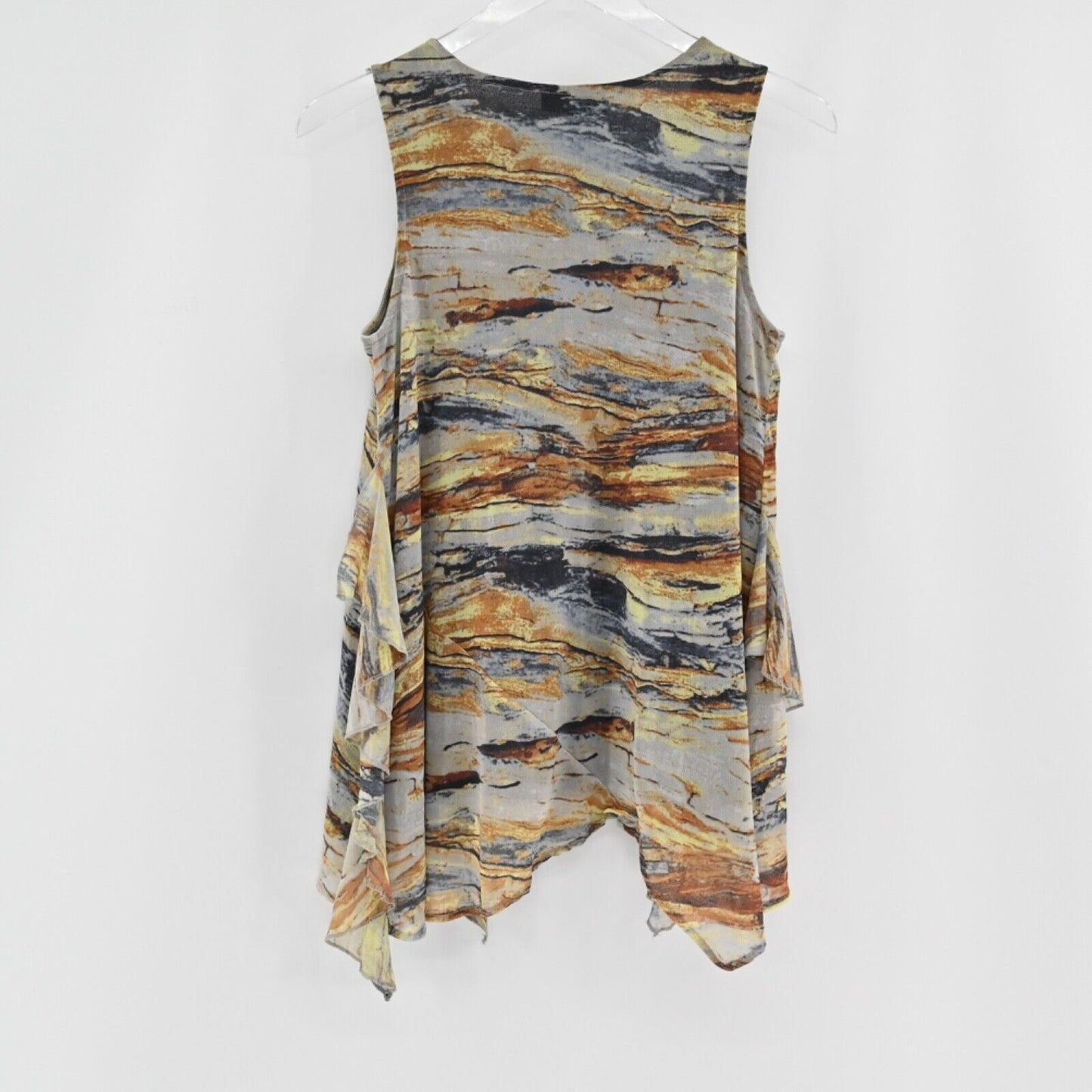 VIVIENNE TAM Top Womens Size M Sleeveless Mesh Blouse Marbled Draped Ruffle Boho