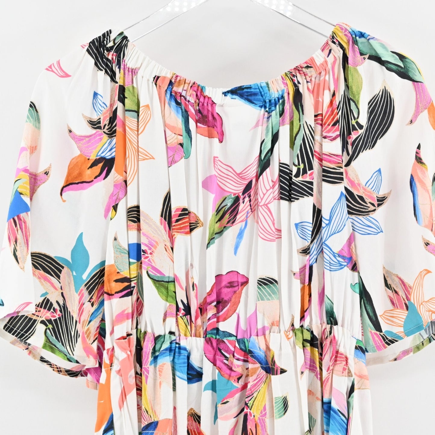 LA BLANCA Dress Size L Paradise Floral ALine Mini White Multi Off Shoulder
