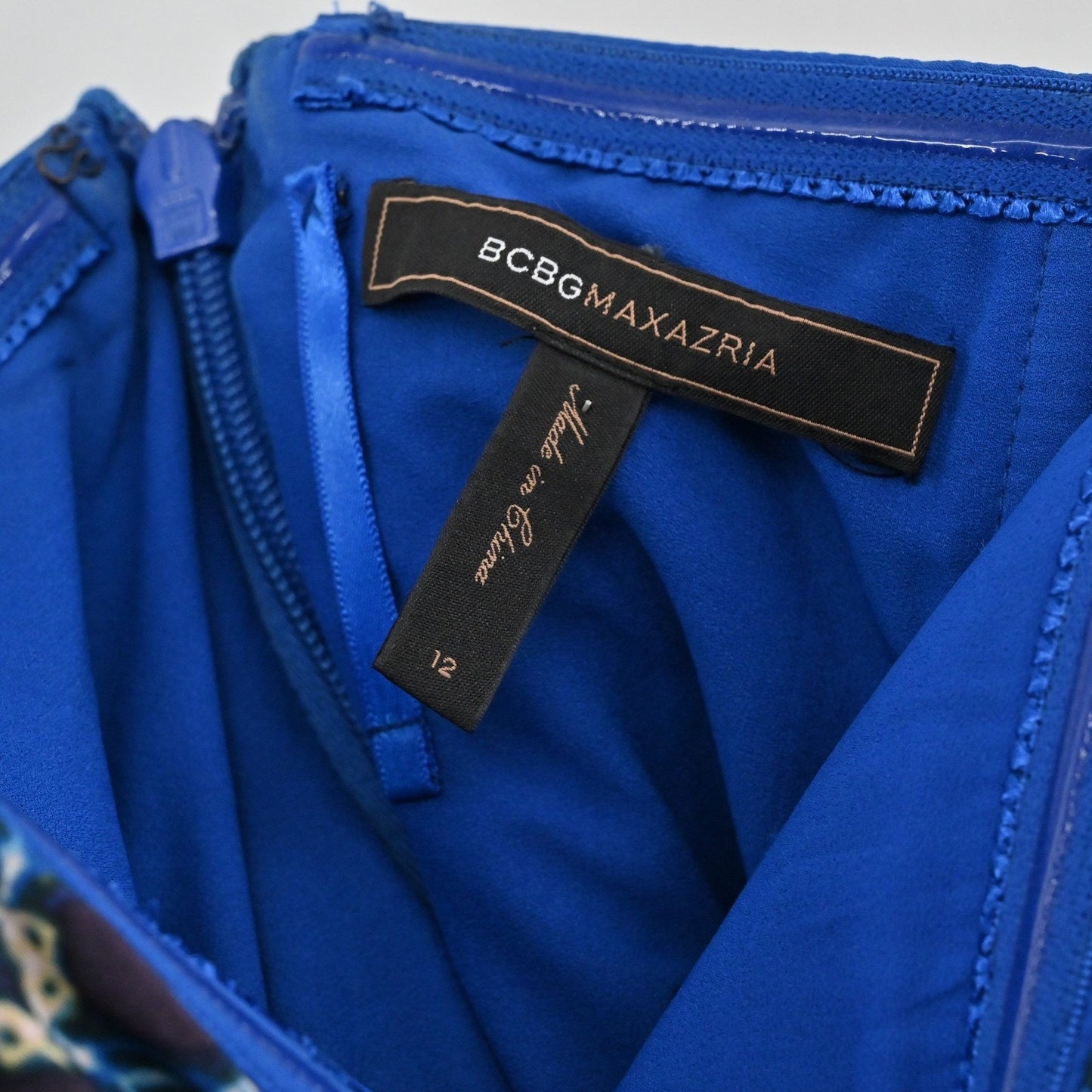 BCBGMAXAZRIA Enid Silk Dress Size 12 Pacific Blue Strapless Fringe Asymmetrical