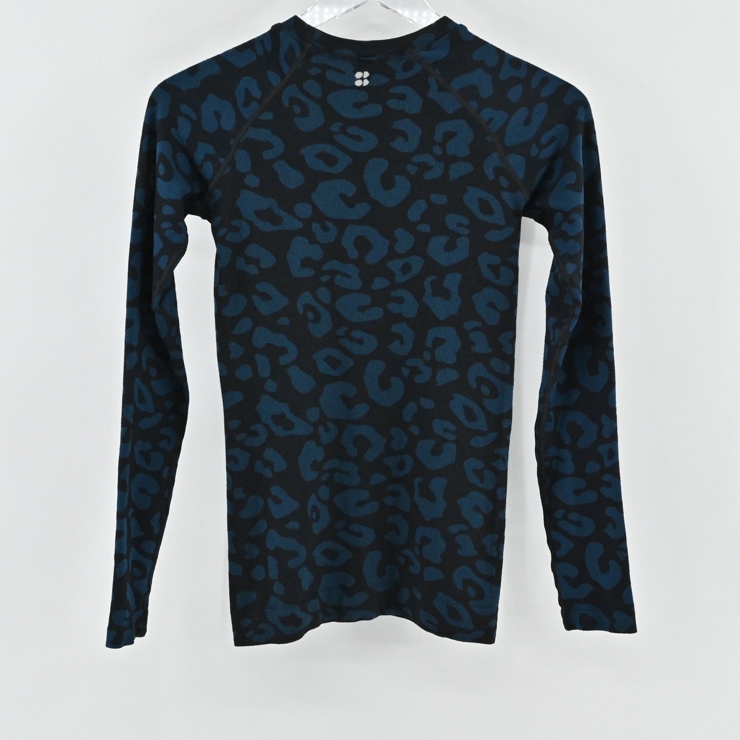 SWEATY BETTY Glisten Seamless Long Sleeve Top Size XS Blue Black Animal Athletic