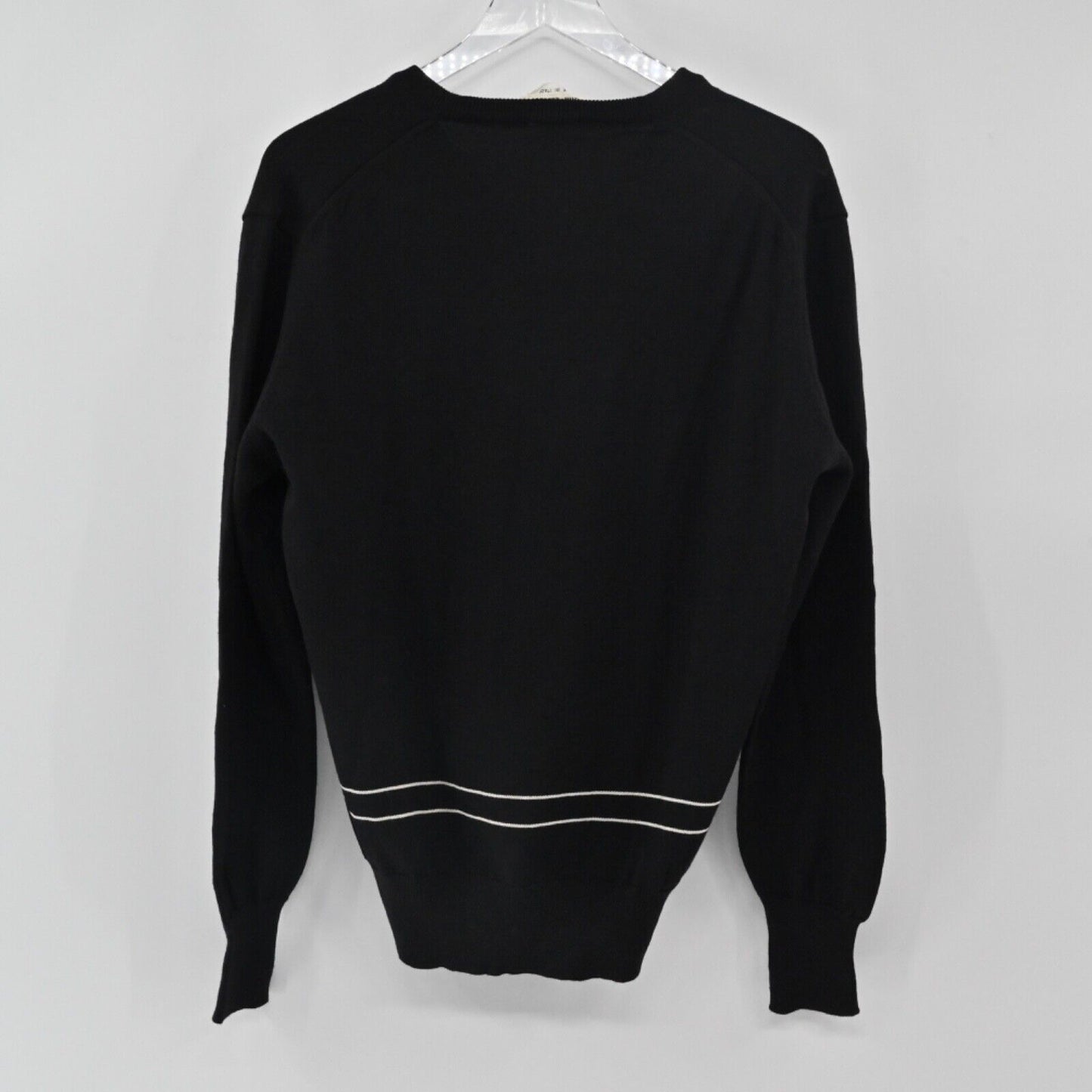 Vtg DUNHILL Sweater Womens Sz L Black White Stripe Logo VNeck Wool Academia 70s