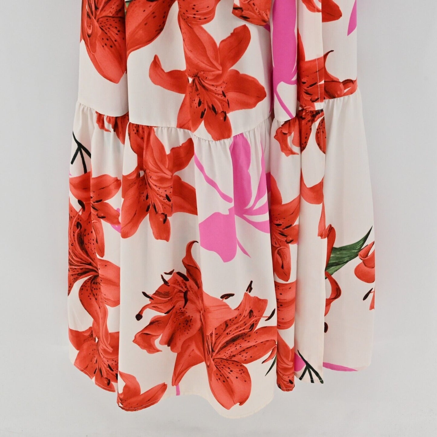 THE SANG Dress Sz S Sleeveless Maxi Red Pink White Floral Tiered Tie Waist Beach