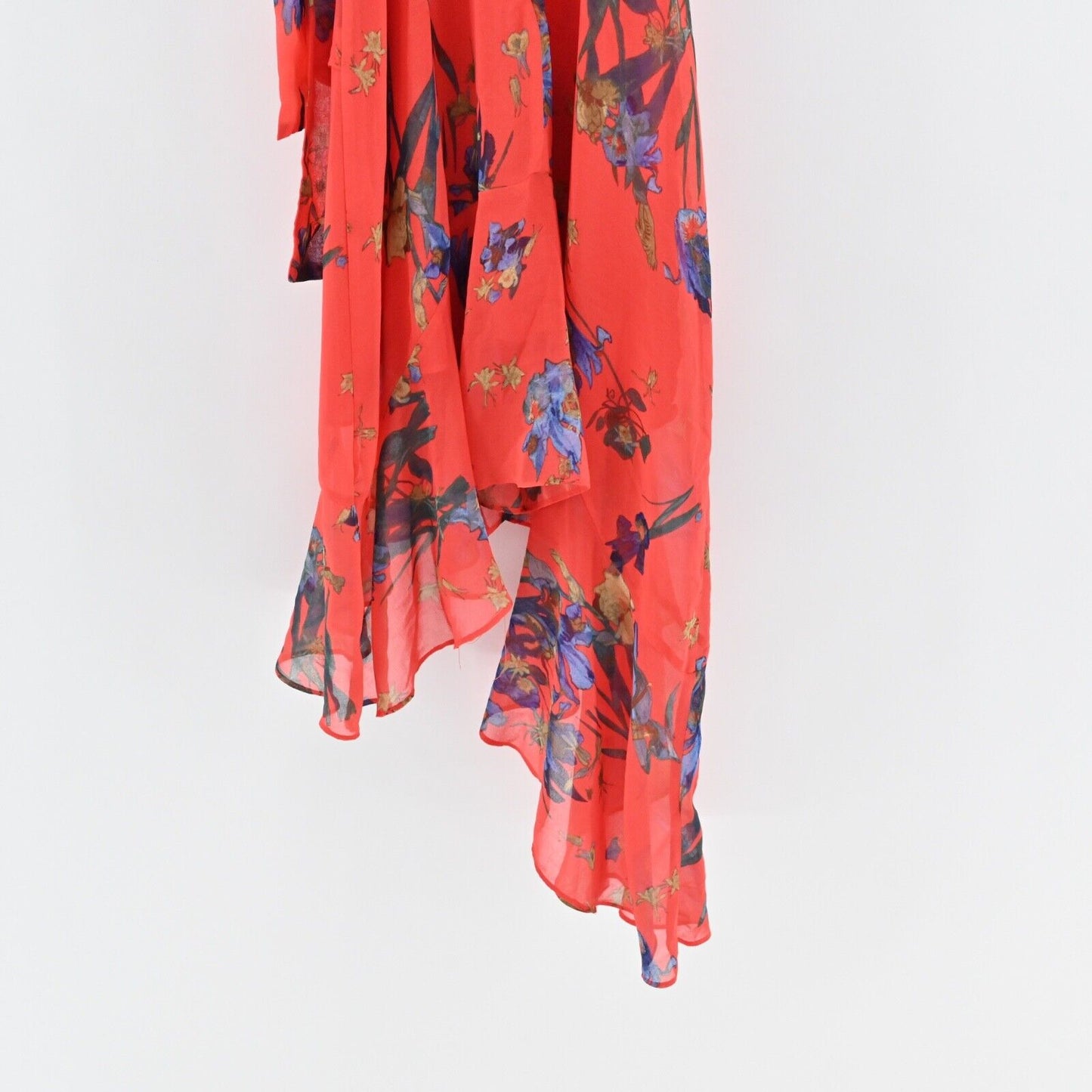 CECE Dress Sz 4 Red Floral Havana Fiesta Halter Tie Belt Asymmetric Ruffle Hem