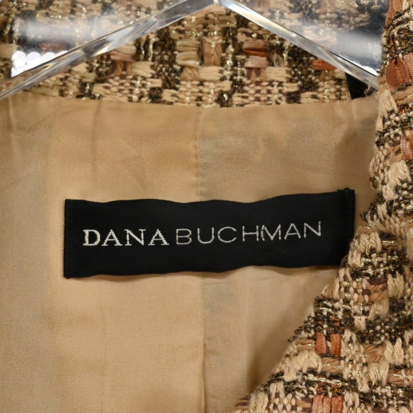 Vtg DANA BUCHMAN Womens Tweed Blazer Size 6 Brown Preppy Plaid Fringe Jacket
