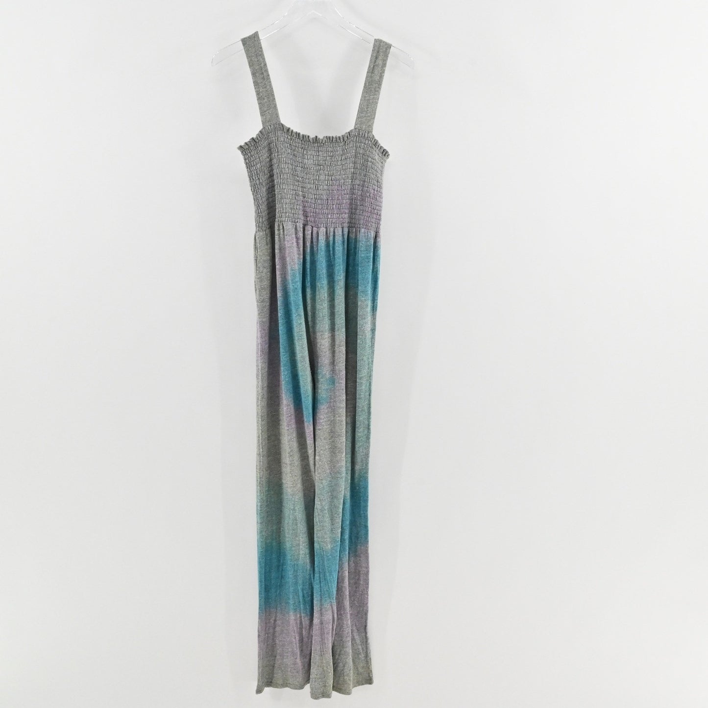 CHASER Womens Smocked Tie Dye Jumpsuit Size L Gray Blue Wide Leg Comfy Hippie