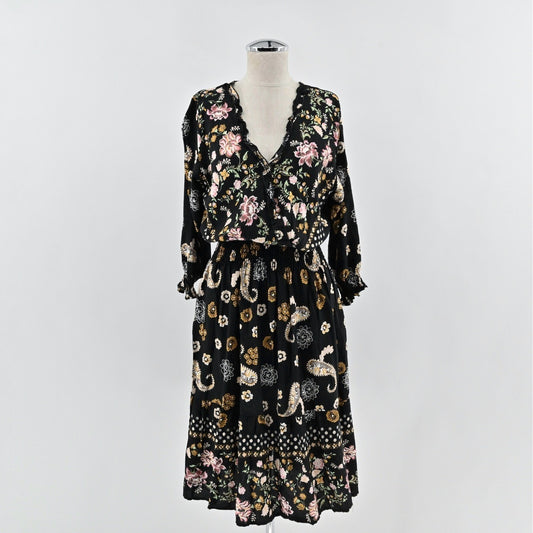 Anthropologie Kindred Floral Paisley Dress Size L Bohemian Smocked Waist Black