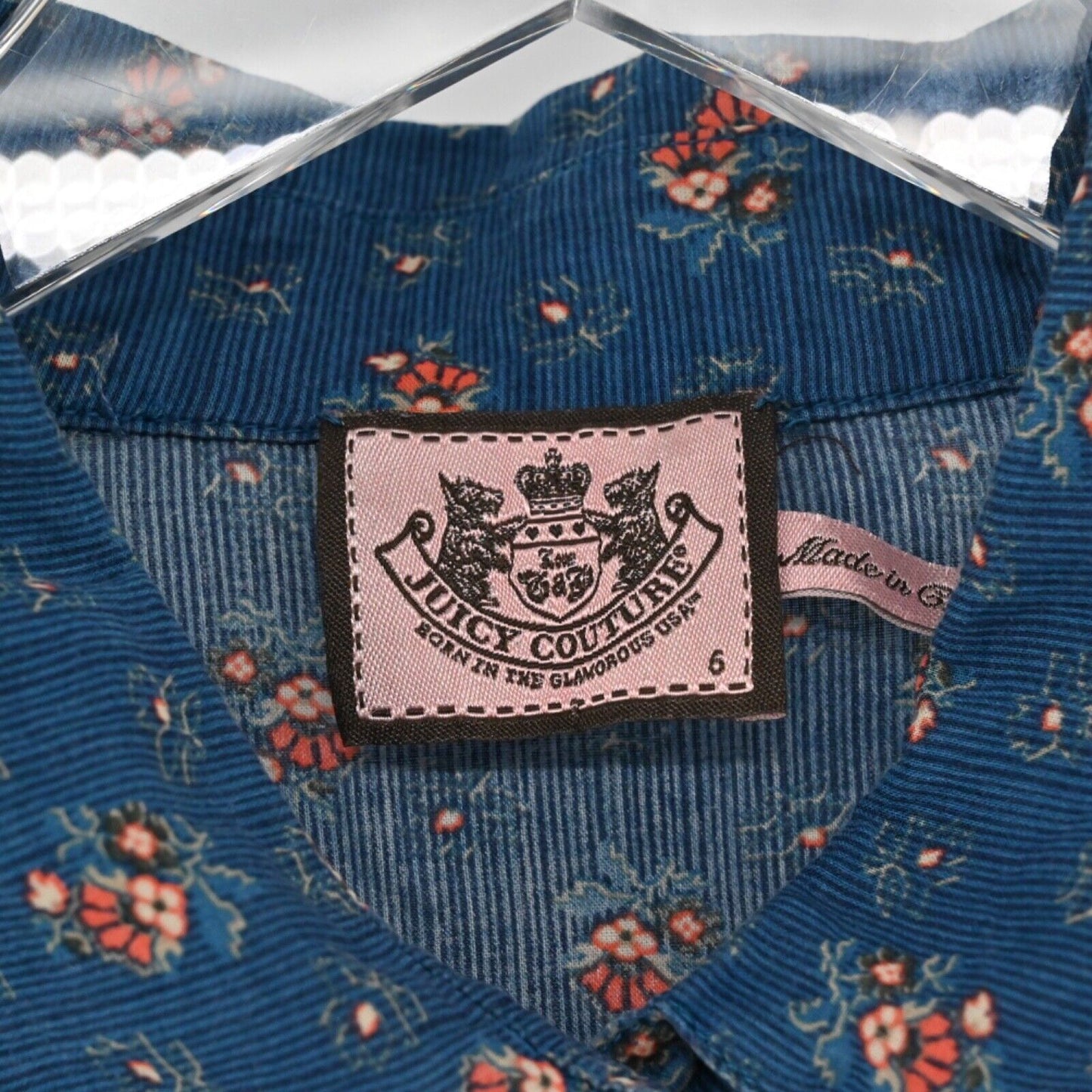 Vtg JUICY COUTURE Top Womens Size 6 Blue Floral Cotton Long Sleeve Button Up 00s
