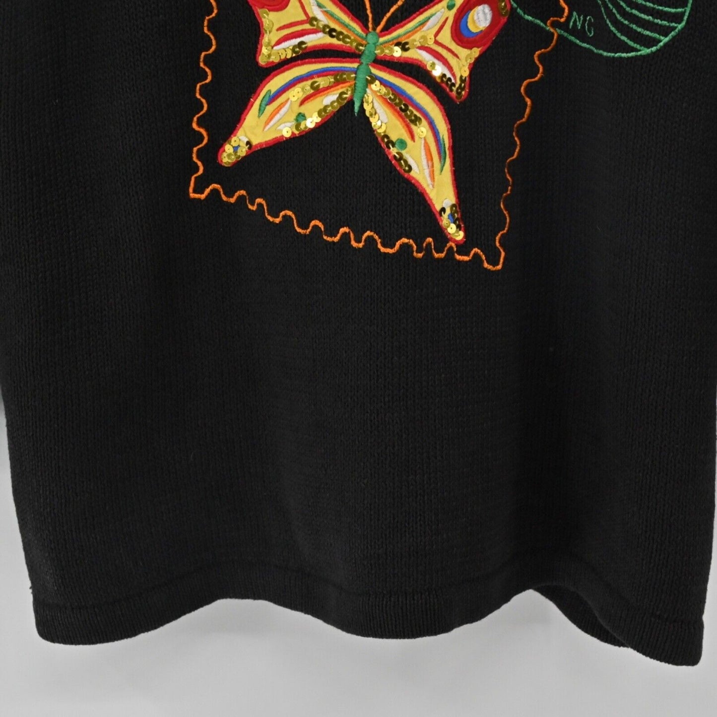 Vtg VICTORIA HARBOUR Sweater Womens Sz S Black Embroidered Butterfly Stamps 90s