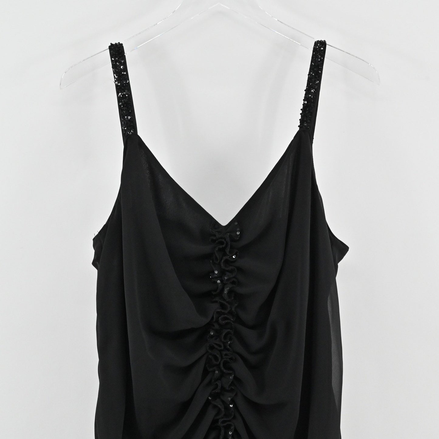 Vtg Y2k Whimsigoth Maxi Dress Size 14 Black Beaded Gown Sleeveless Ruched Grunge