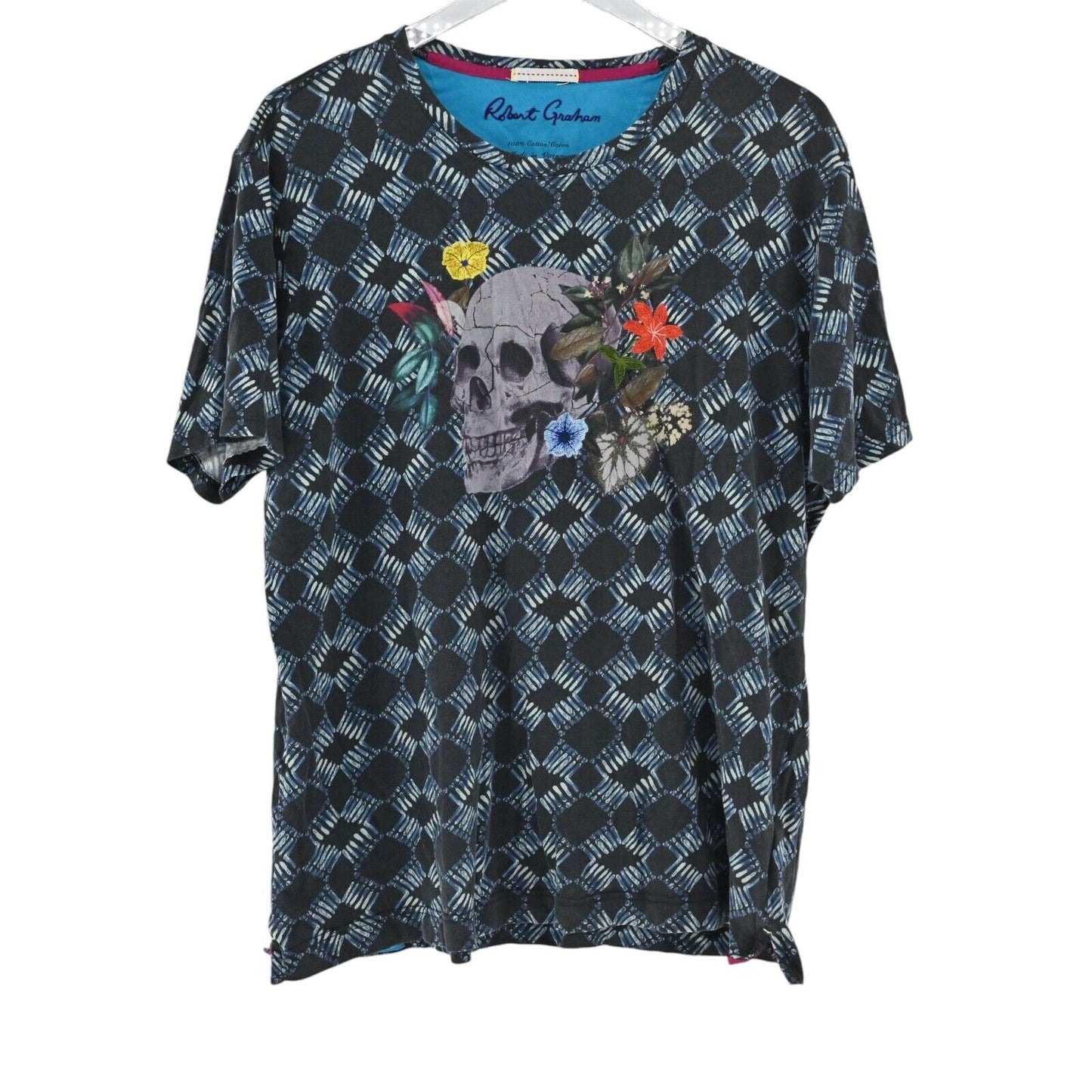 ROBERT GRAHAM T Shirt Mens Size L Blue Geometric Speed Limit Batik Skull Graphic