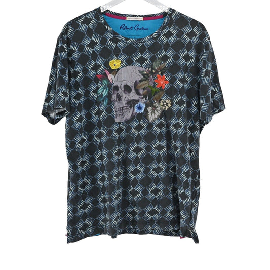 ROBERT GRAHAM T Shirt Mens Size L Blue Geometric Speed Limit Batik Skull Graphic