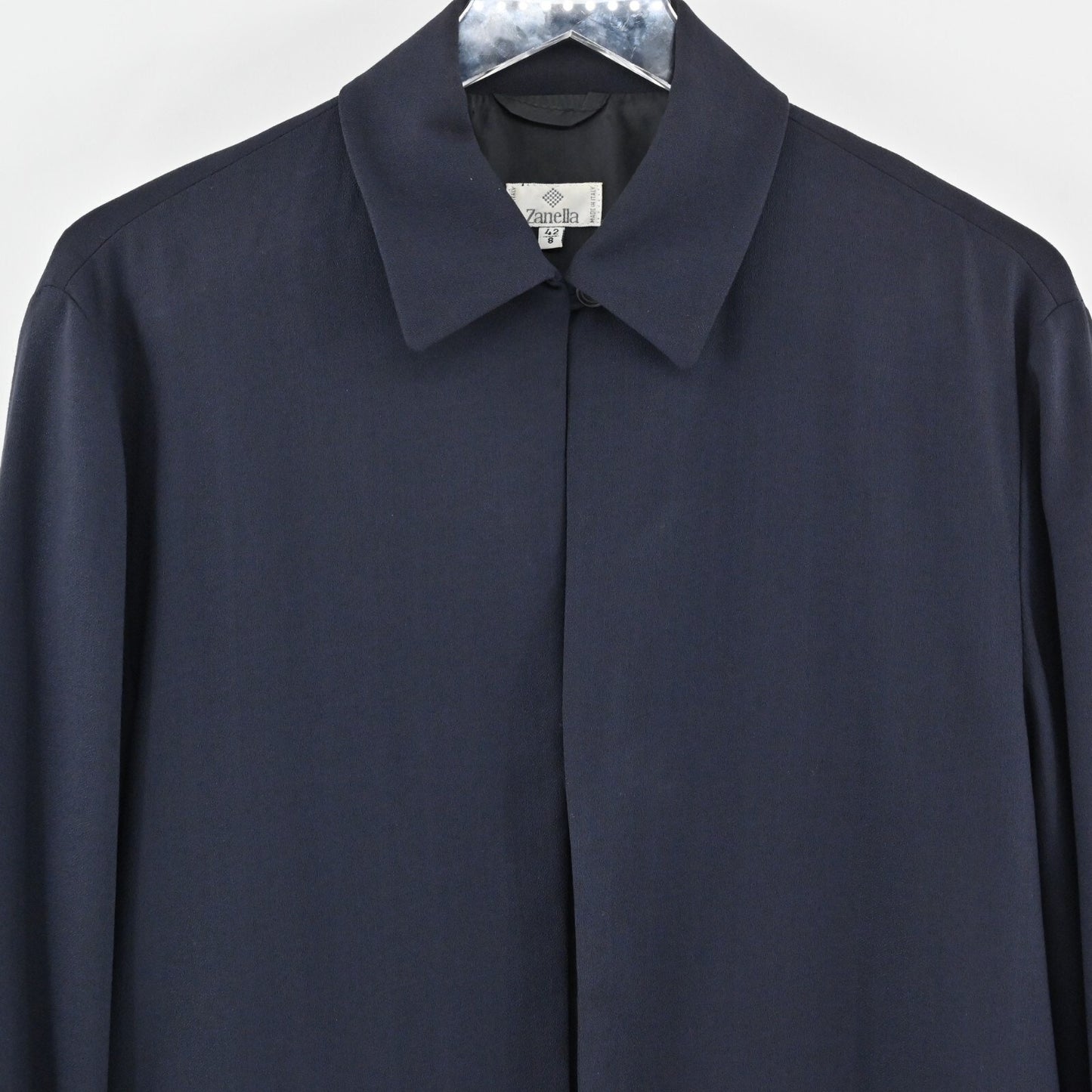 Vtg ZANELLA Jacket Womens Size 42 Solid Dark Navy Wool Collared Chore Shacket