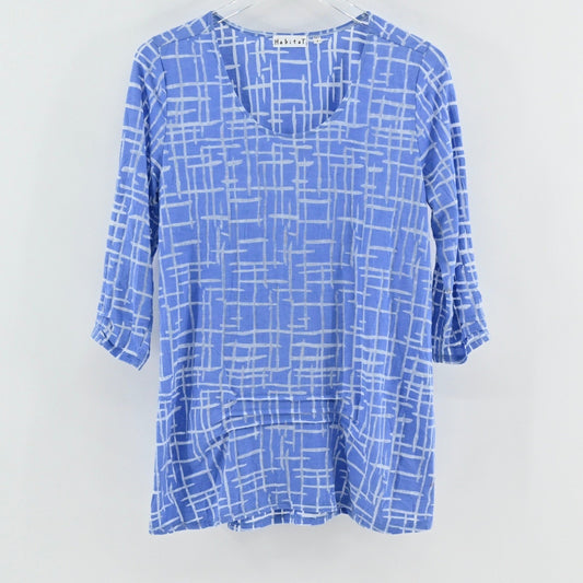 Habitat Womens Tunic Top Size S Blue White Geometric Art to Wear Coastal Casual