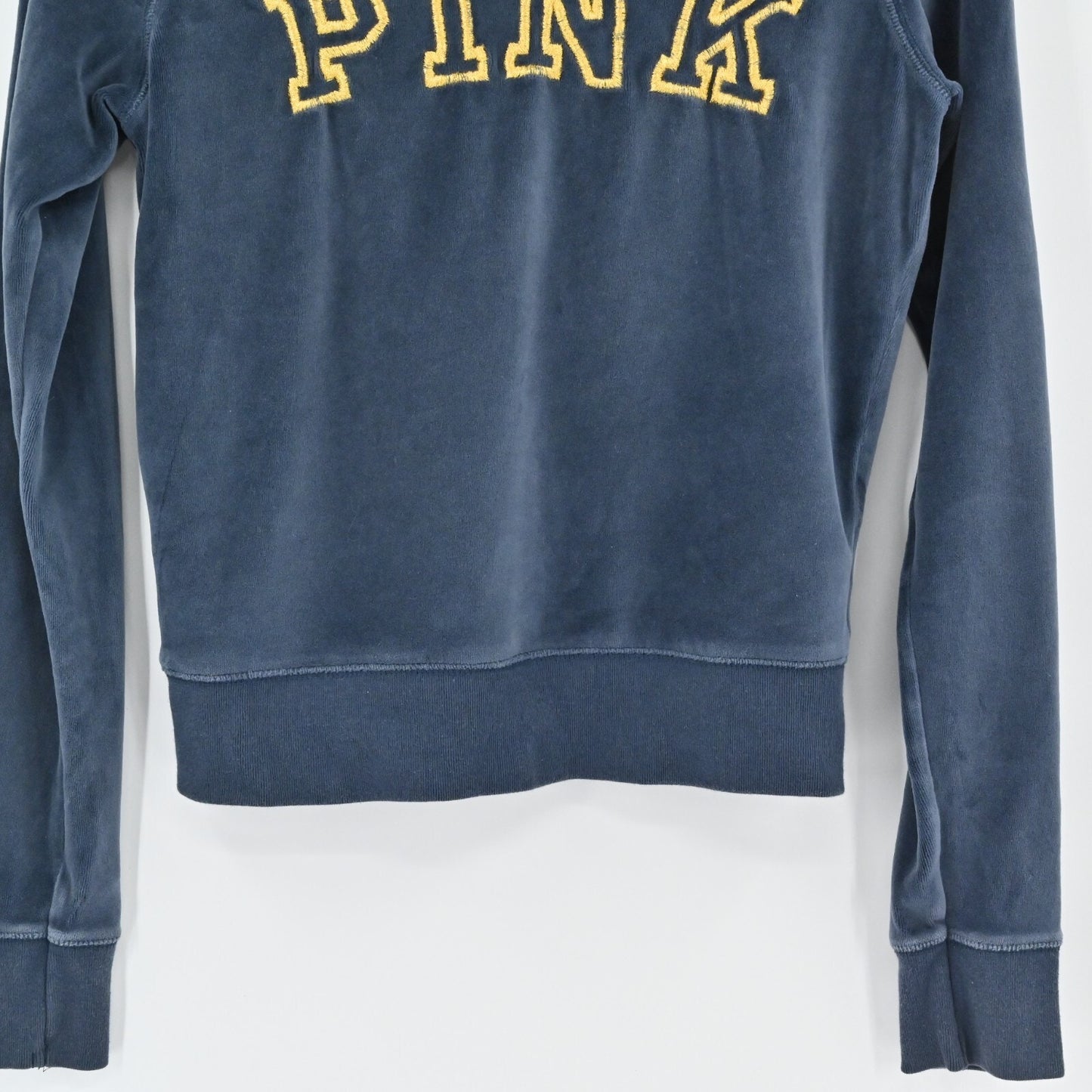 PINK Victorias Secret Womens Velour Hoodie Sz S Slate Embroidered Sorority Zip