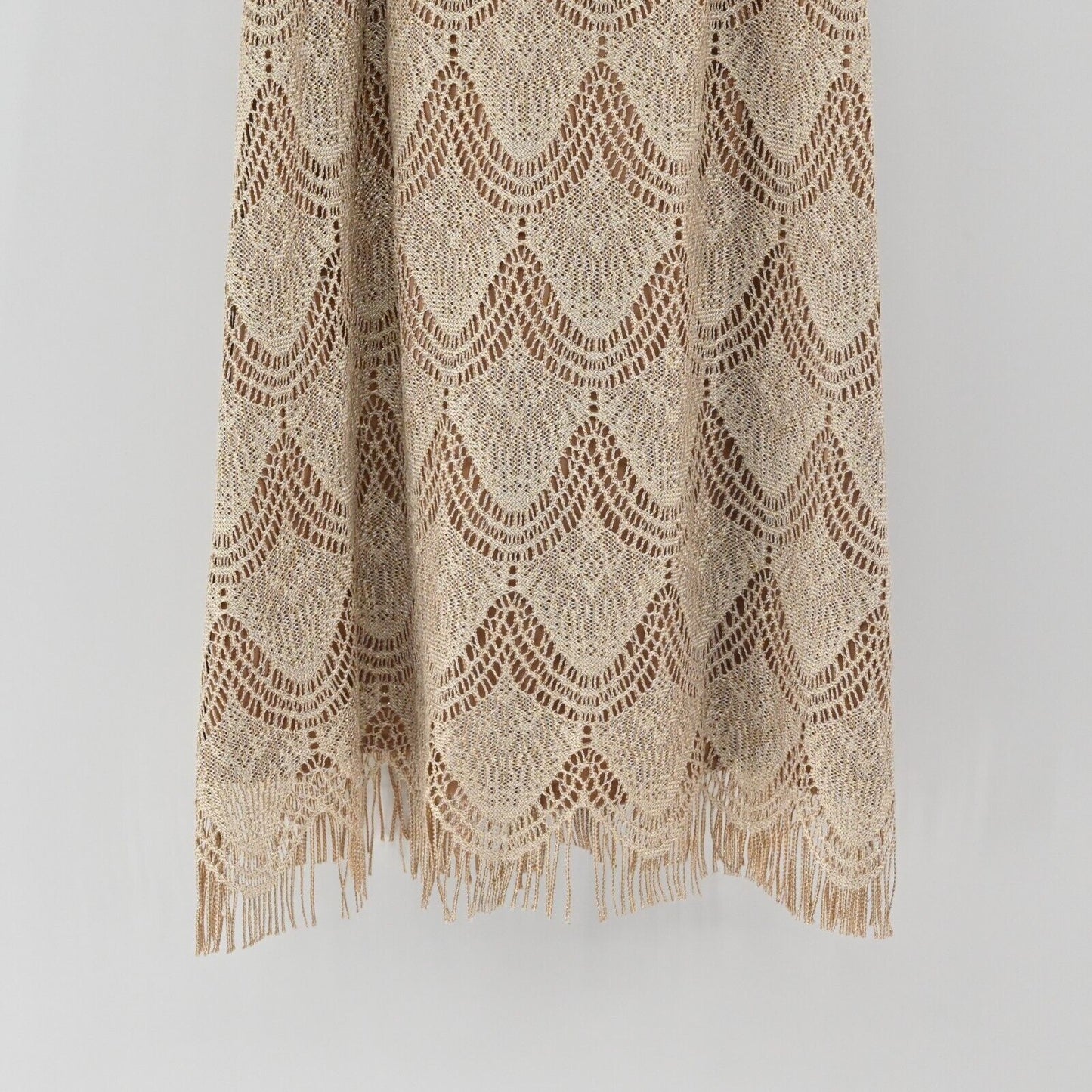 Vtg LAURA Dress Womens Size M Tan Gold Metallic Crochet Lace Fringe Halter Shift
