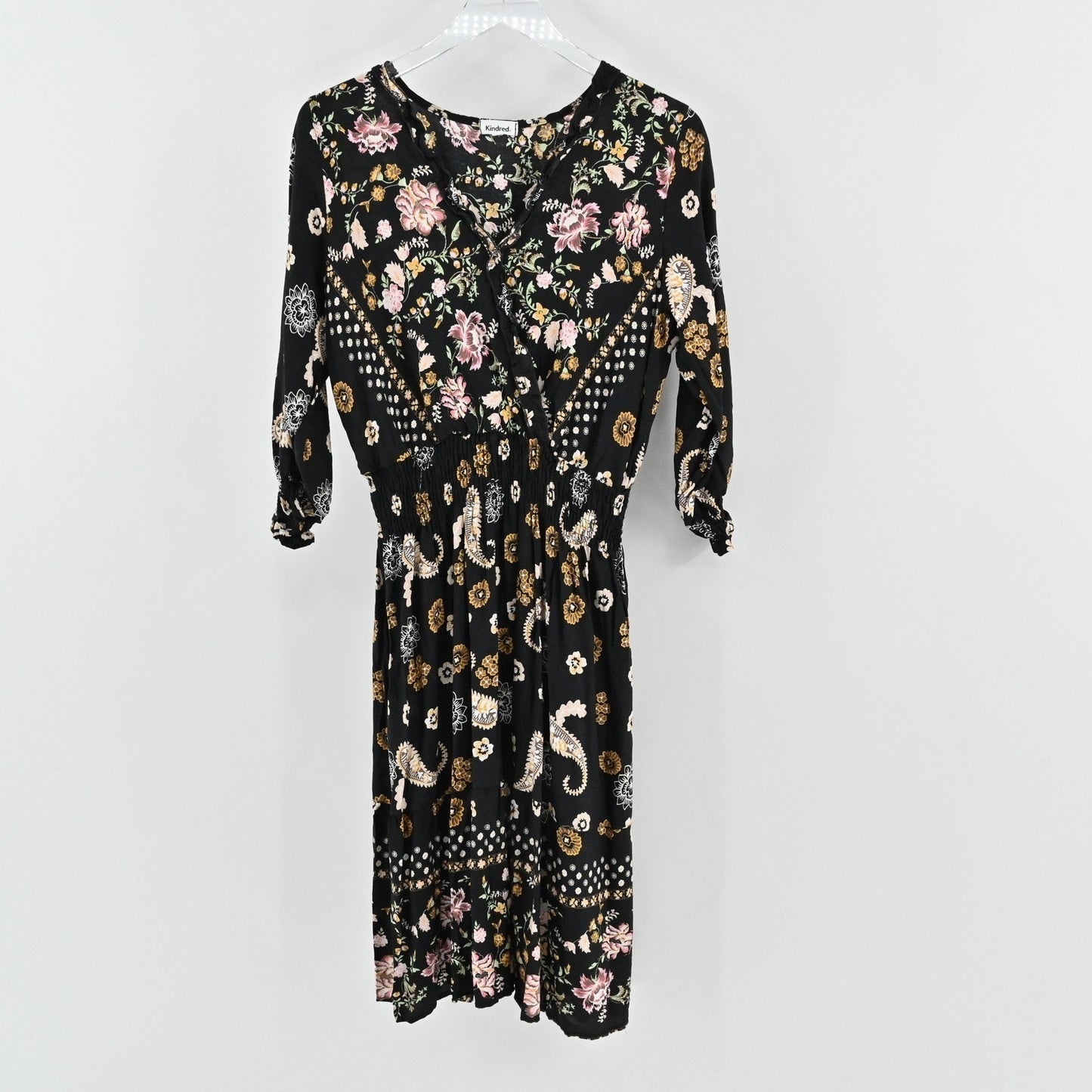 Anthropologie Kindred Floral Paisley Dress Size L Bohemian Smocked Waist Black
