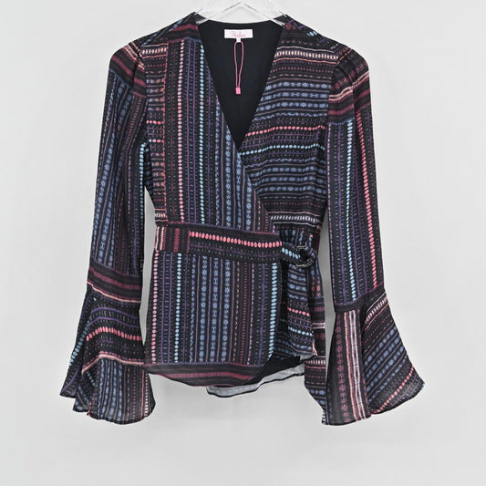 PARKER Top Women Sz XS Black Floral Stripe Mix Print Bell Sleeve V Neck Wrap NEW