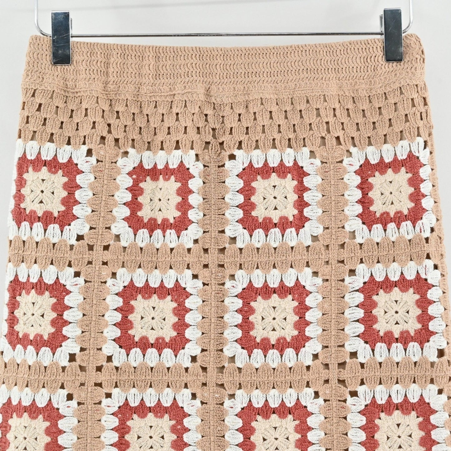 Lulus Womens Granny Squares Crochet Mini Skirt Size S Tan Boho Festival Lined
