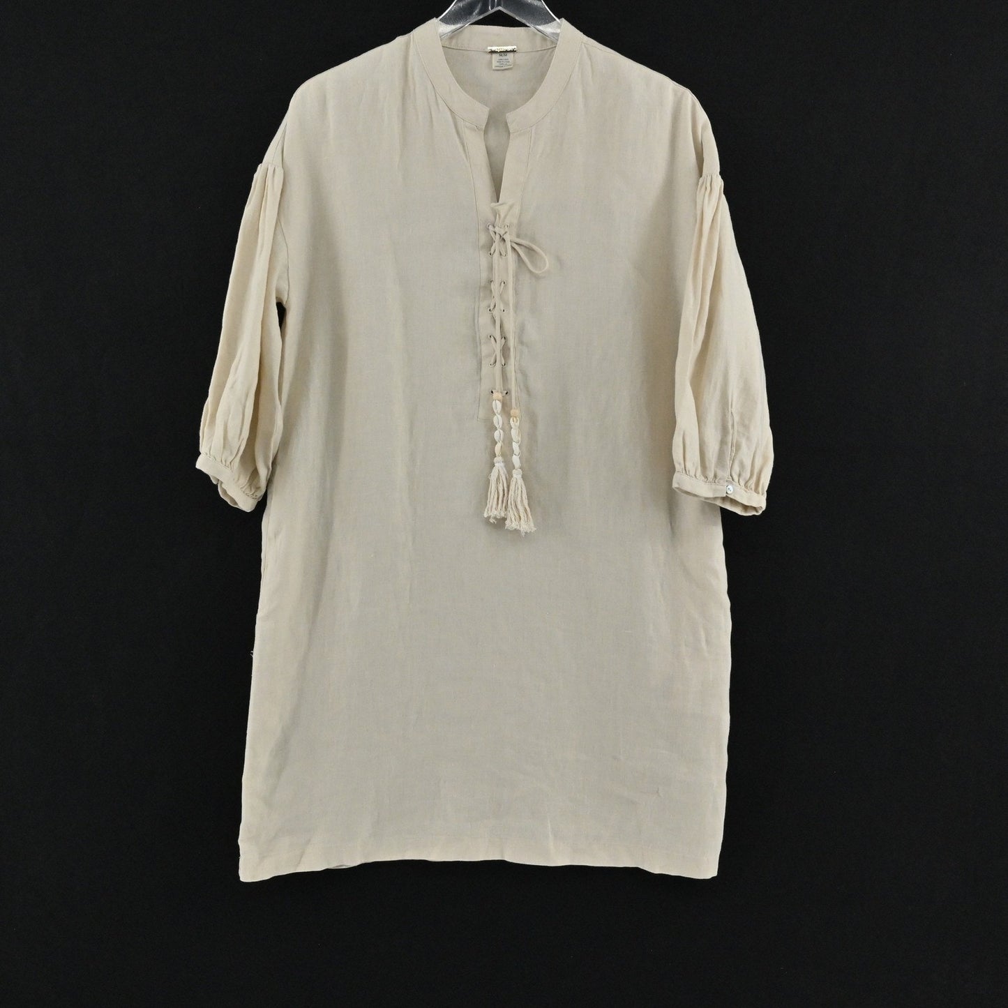 Magaschoni Linen Dress Size M Lagenlook Beige Ethereal Boho Neutral Tunic Tassel