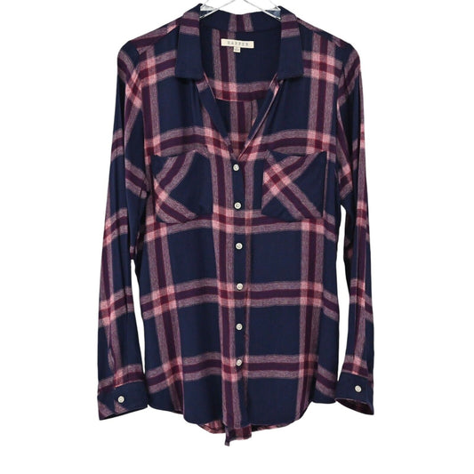 HARPER Top Womens Size L Navy Blue Red Plaid Pocket Flannel Button Up Western
