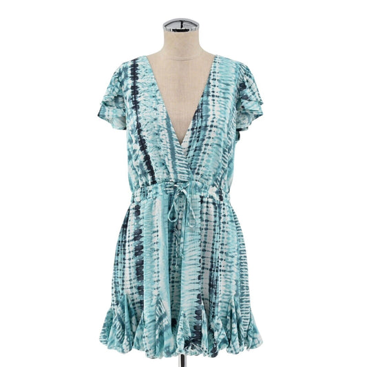 LUXXEL Romper Womens Size L Short Sleeve VNeck Turquoise Printed Tie Waist Frill