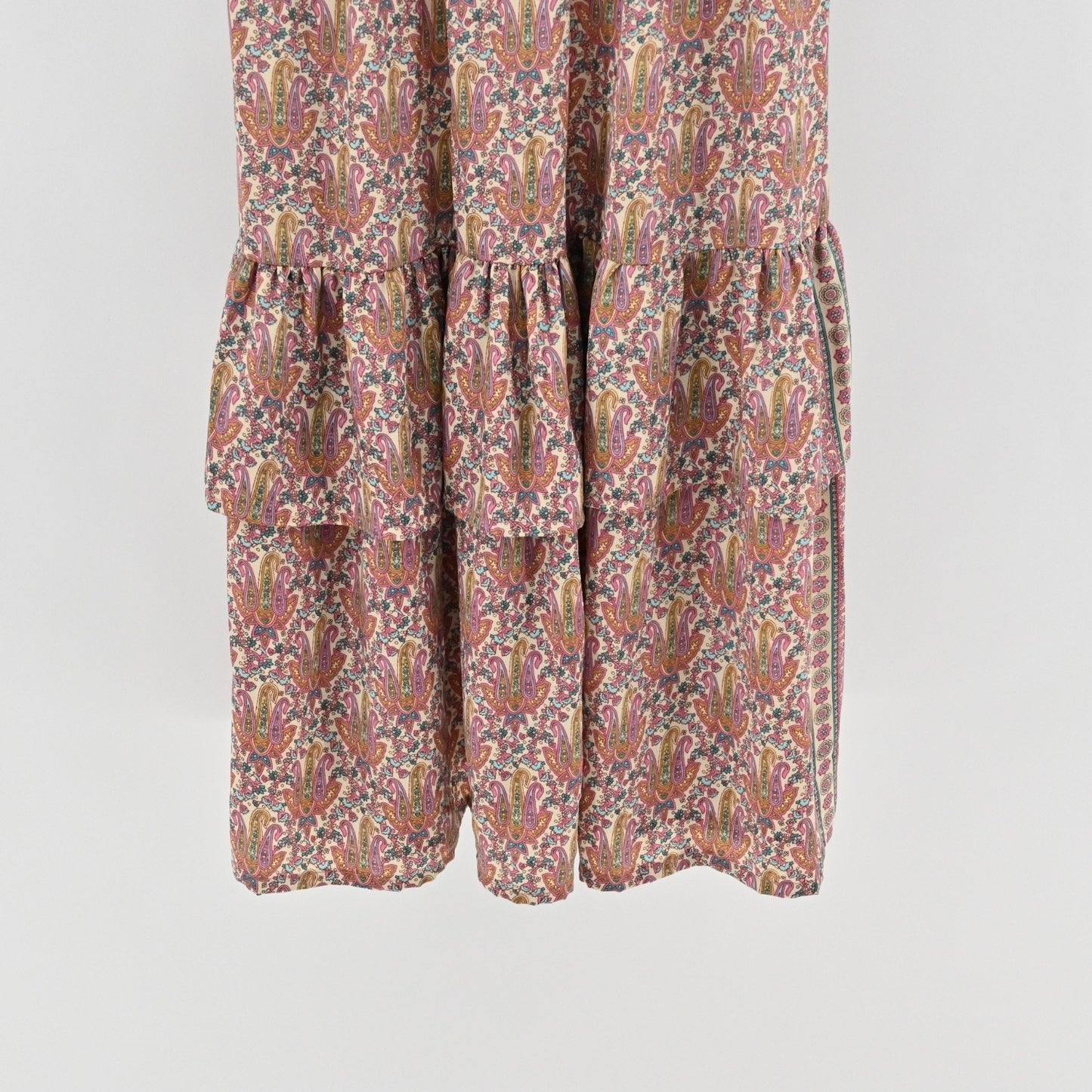 PERRY WALKER COLLECTIVE Cornelia Midi Dress Sz L Beige Paisley Silk Peasant Boho