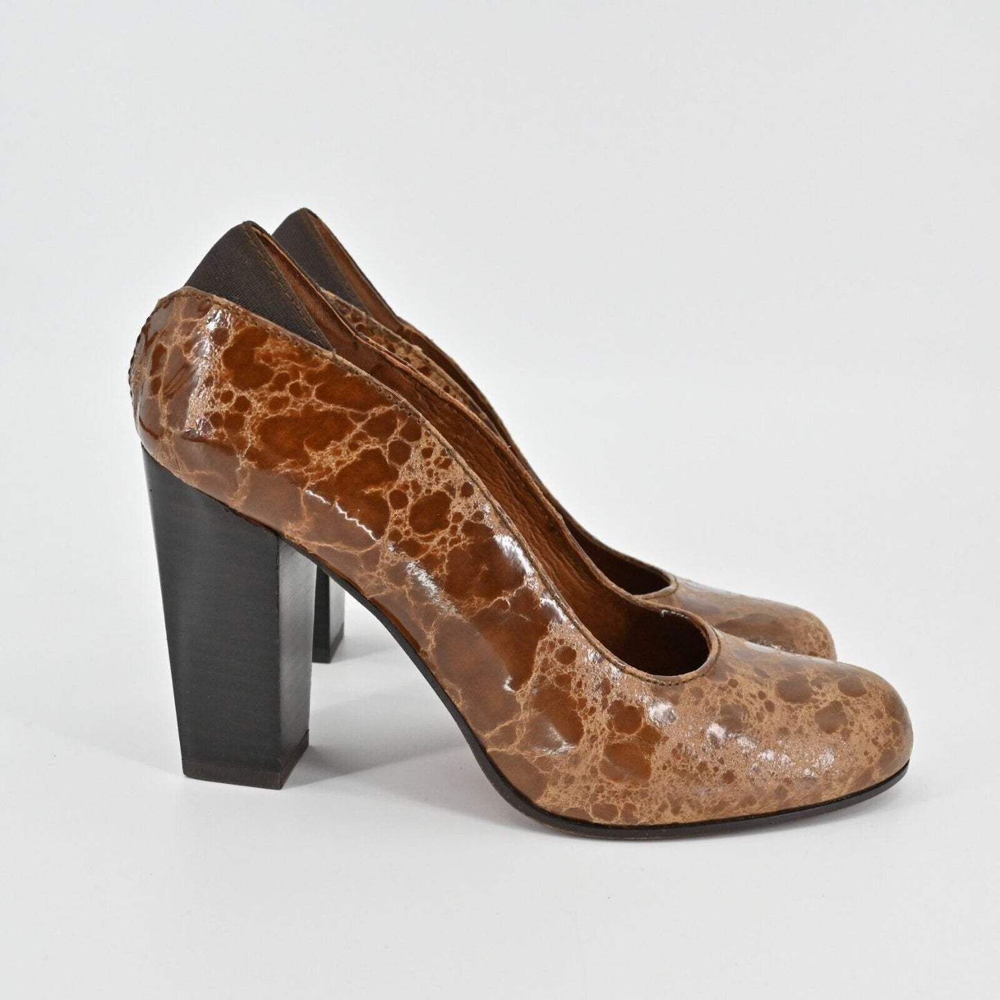 DONALD J PLINER Heels Womens Sz 6 Casey Brown Round Embossed Leather Block Pumps
