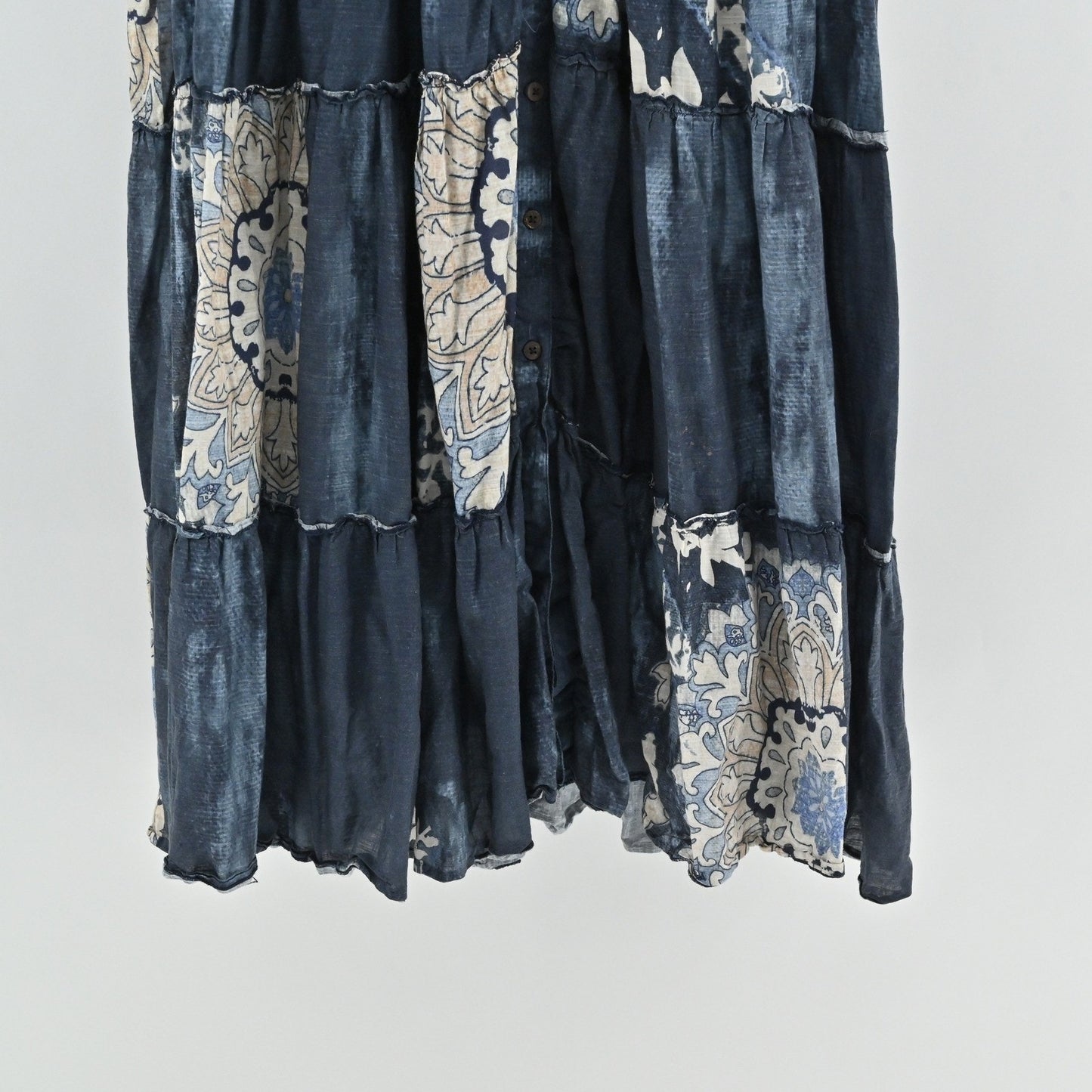 Anthropologie Let Me Be Puff Sleeve Patchwork Shirt Dress Sz XL Tiered Midi Boho