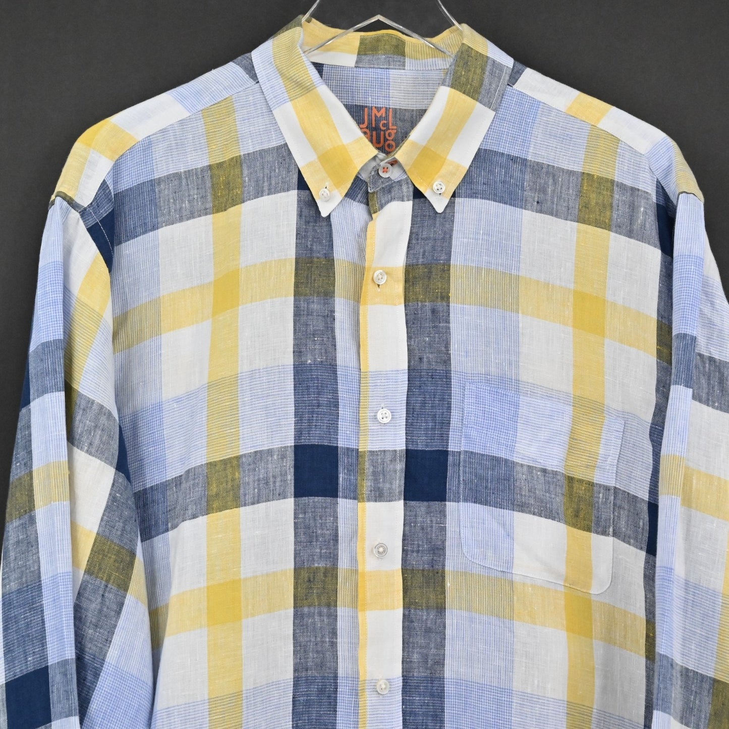 J McLaughlin Mens Plaid Collared Shirt Size XL Linen Blue Yellow Button Down