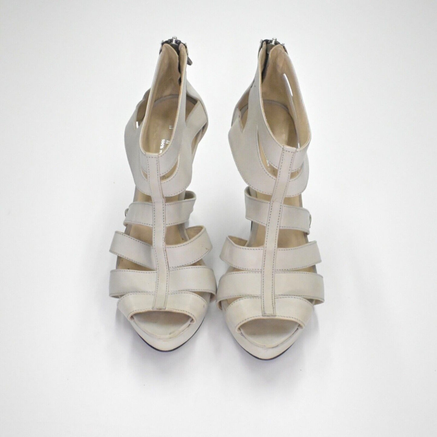 Vtg INNUE Heels Womens Size 38 Gray Leather Strappy Buckle Stiletto Back Zip 00s